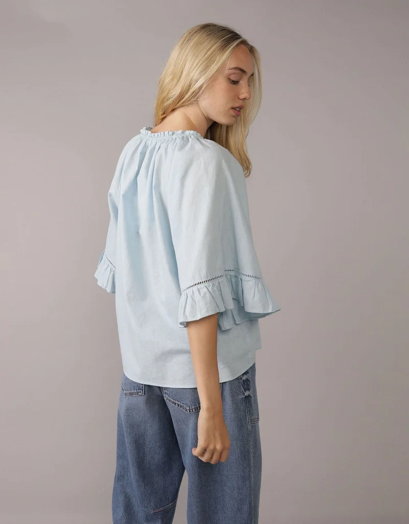 American Eagle AE Linen-Blend Ruffle Blouse
